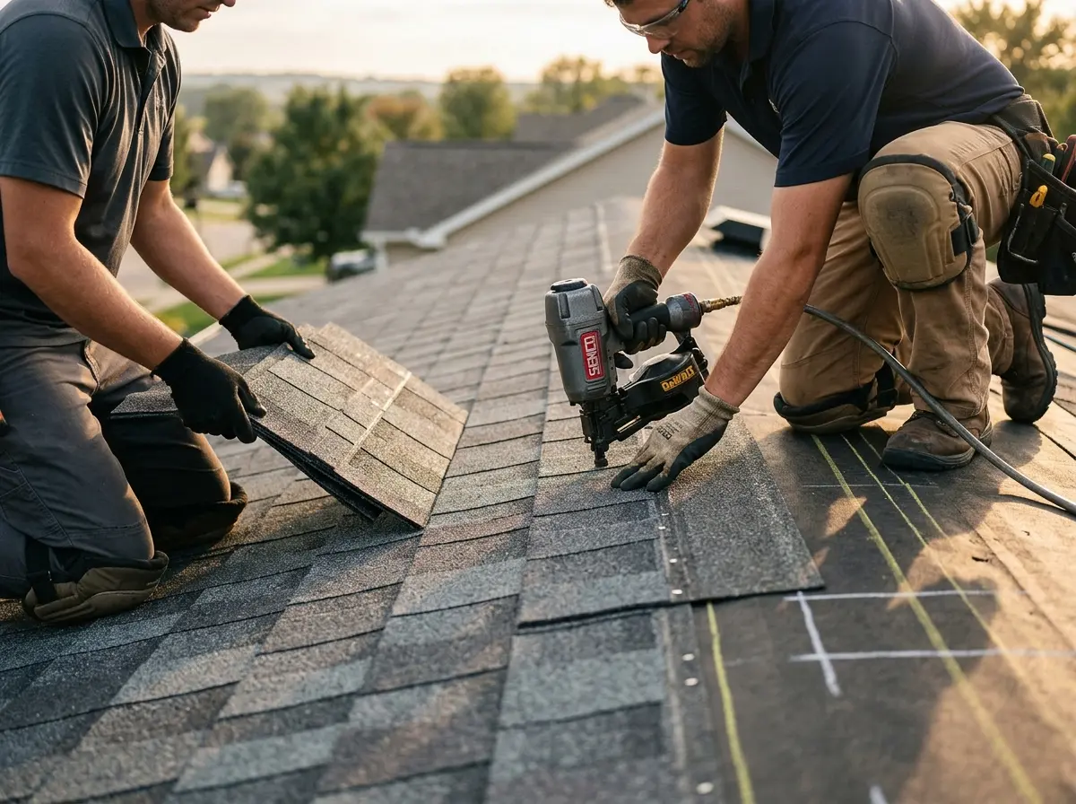 Professional roofer working on a residential roof in Saks